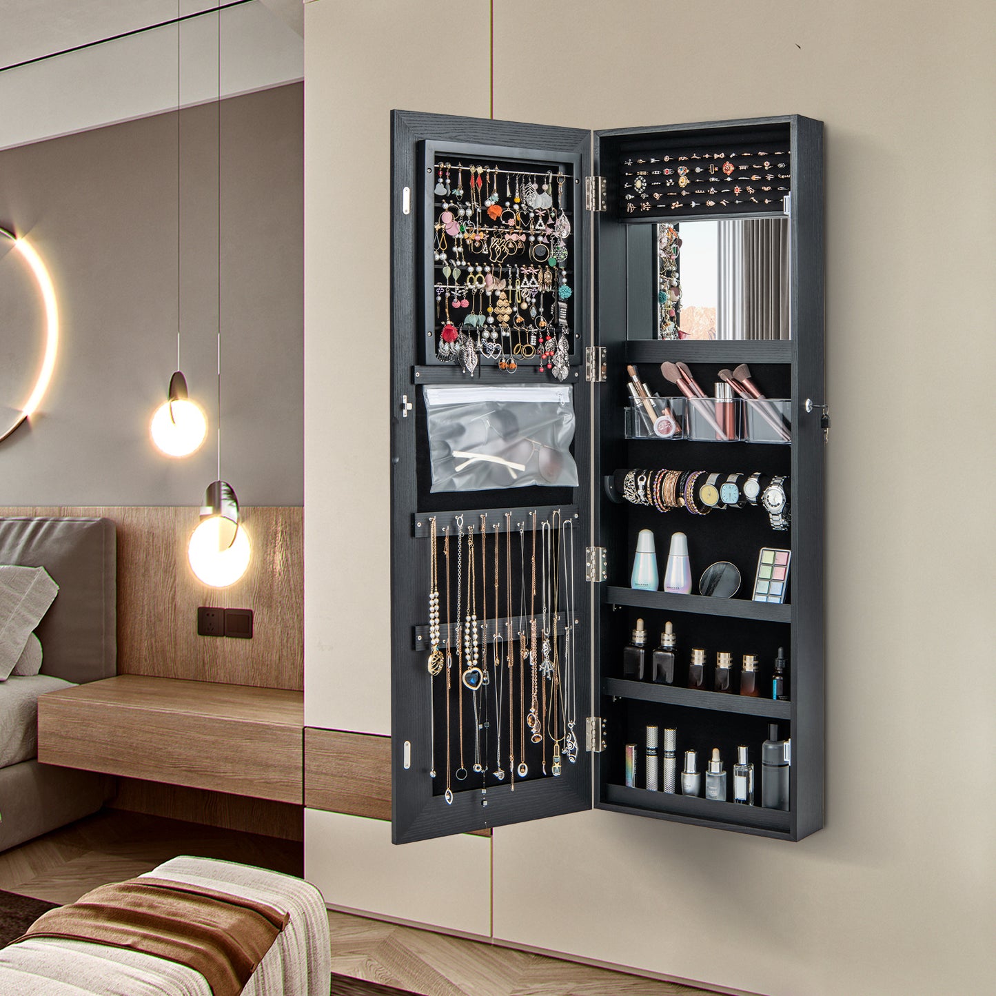 Jewelry Organizer Armoire with Full Length Mirror and Built In LED Lights Black