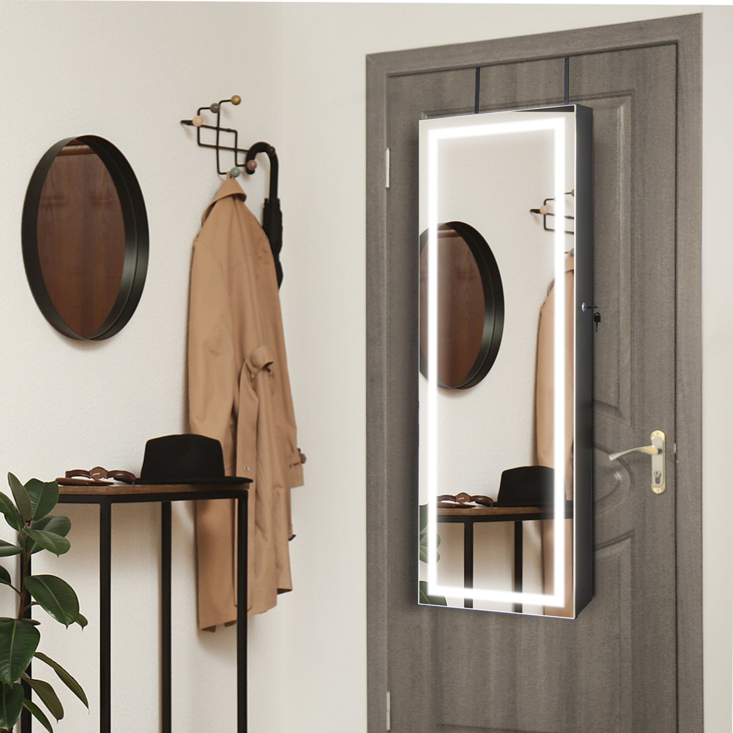 Jewelry Organizer Armoire with Full Length Mirror and Built In LED Lights Black