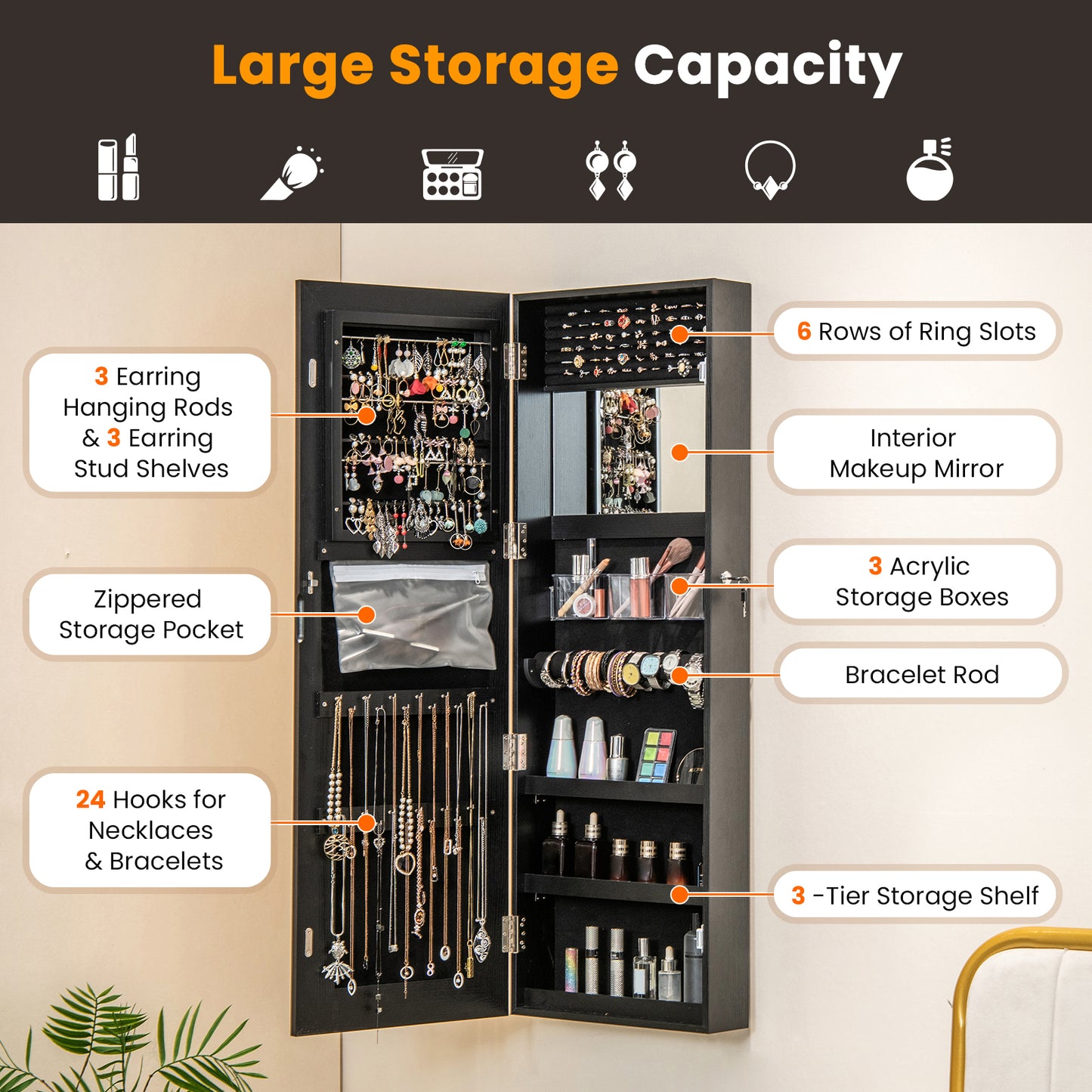 Jewelry Organizer Armoire with Full Length Mirror and Built In LED Lights Black