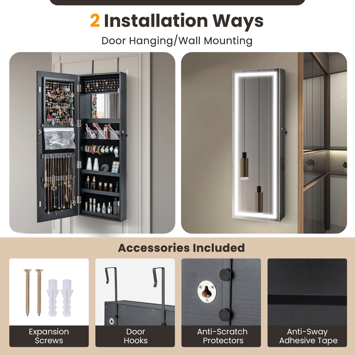 Jewelry Organizer Armoire with Full Length Mirror and Built In LED Lights Black