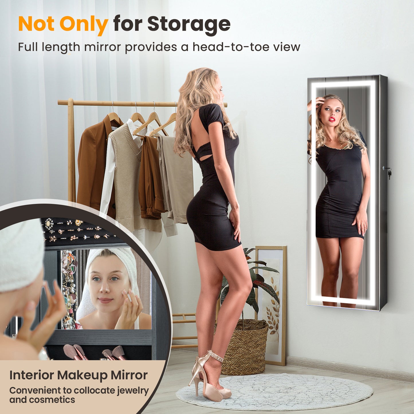 Jewelry Organizer Armoire with Full Length Mirror and Built In LED Lights Black