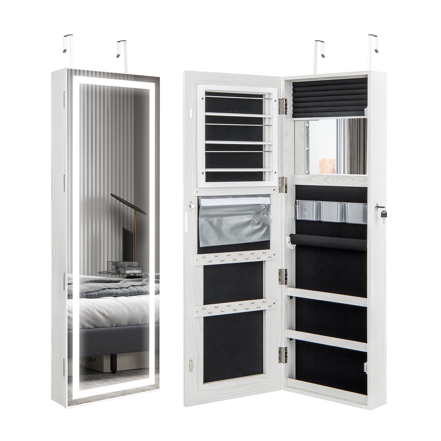 Jewelry Organizer Armoire with Full Length Mirror and Built In LED Lights White