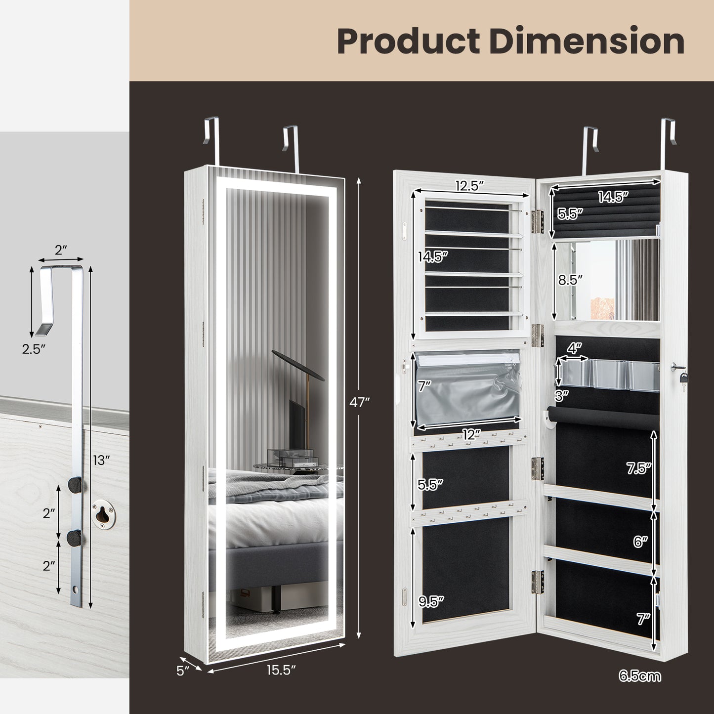 Jewelry Organizer Armoire with Full Length Mirror and Built In LED Lights White
