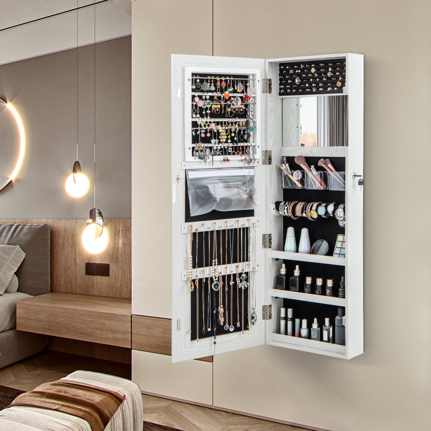 Jewelry Organizer Armoire with Full Length Mirror and Built In LED Lights White