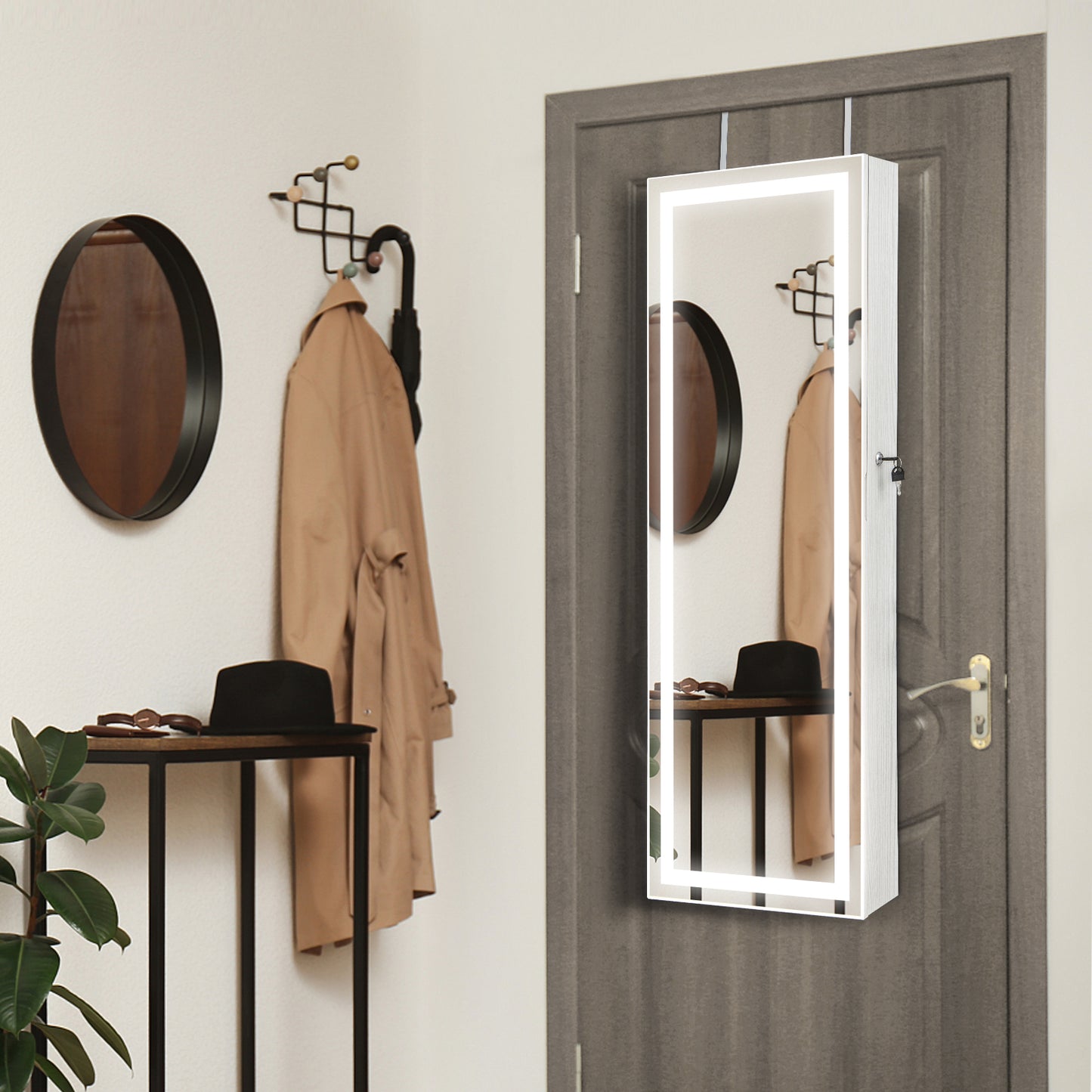 Jewelry Organizer Armoire with Full Length Mirror and Built In LED Lights White