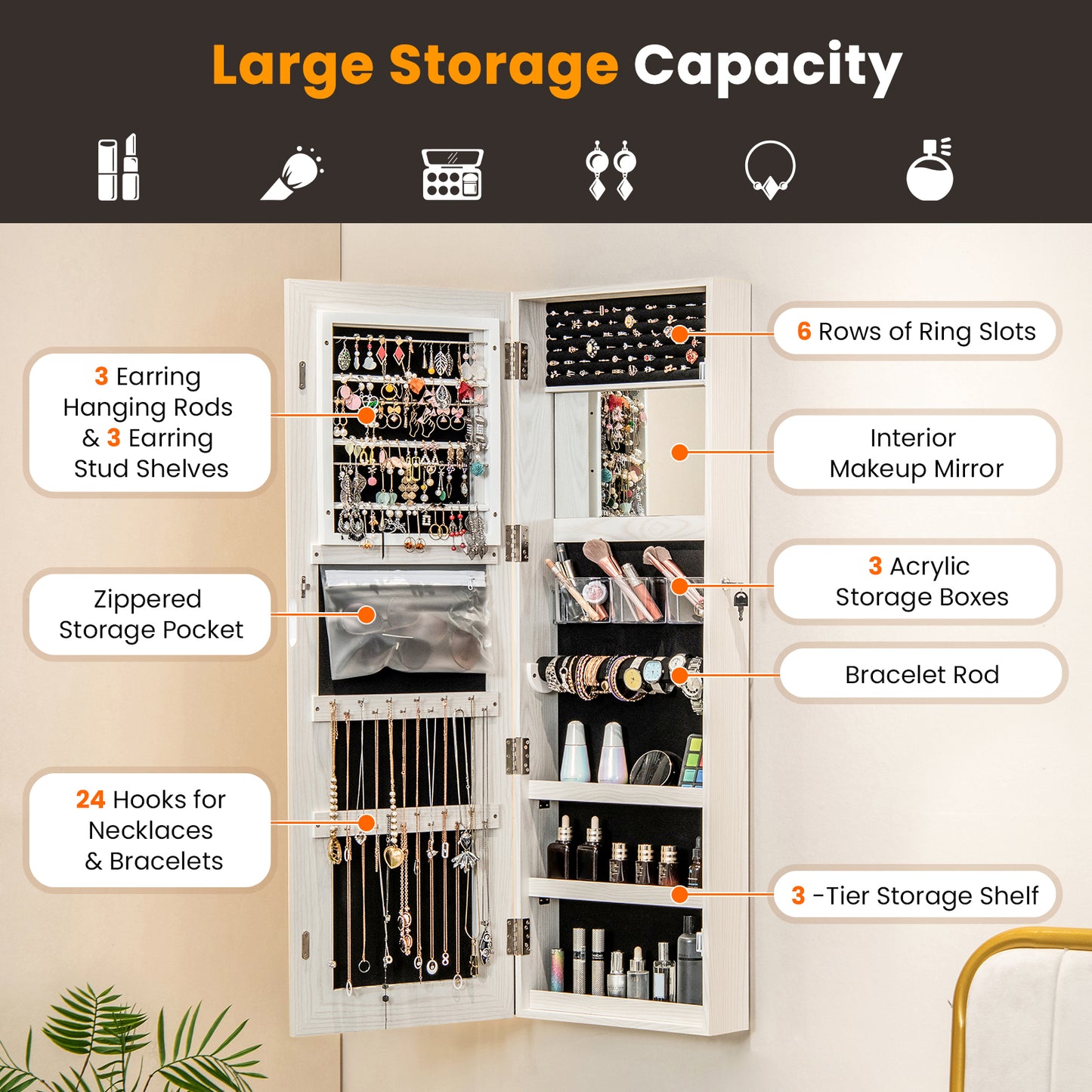 Jewelry Organizer Armoire with Full Length Mirror and Built In LED Lights White