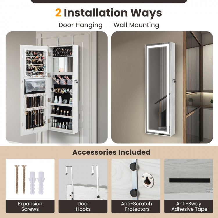 Jewelry Organizer Armoire with Full Length Mirror and Built In LED Lights White