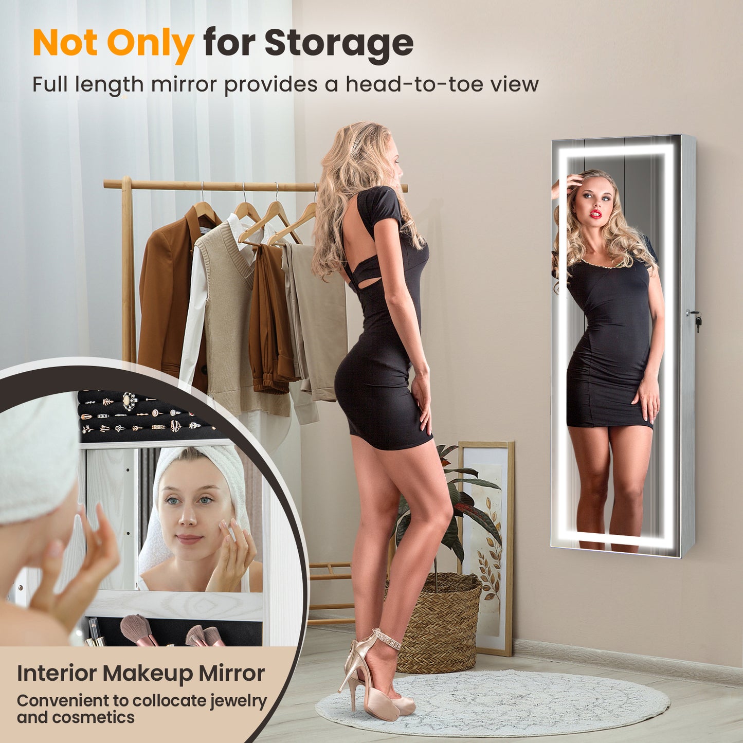 Jewelry Organizer Armoire with Full Length Mirror and Built In LED Lights White