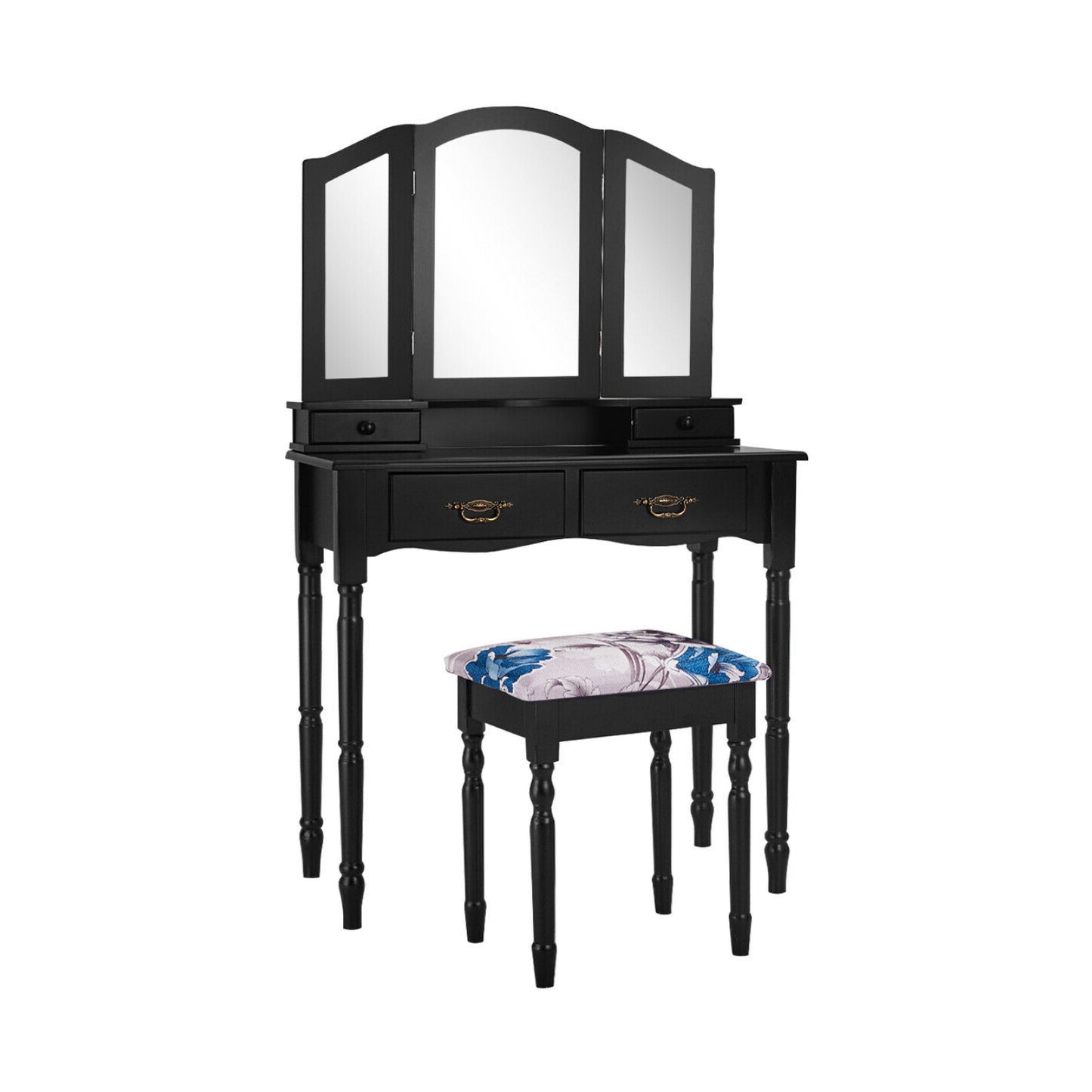 Classic Vanity Table Set with Tri-Fold Mirror, Cushioned Stool, and Storage Drawers – Black