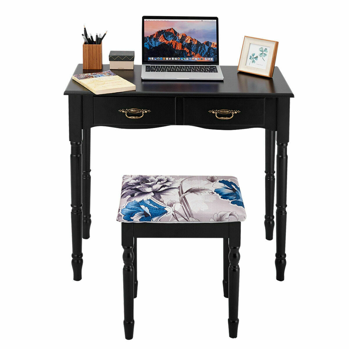 Classic Vanity Table Set with Tri-Fold Mirror, Cushioned Stool, and Storage Drawers – Black