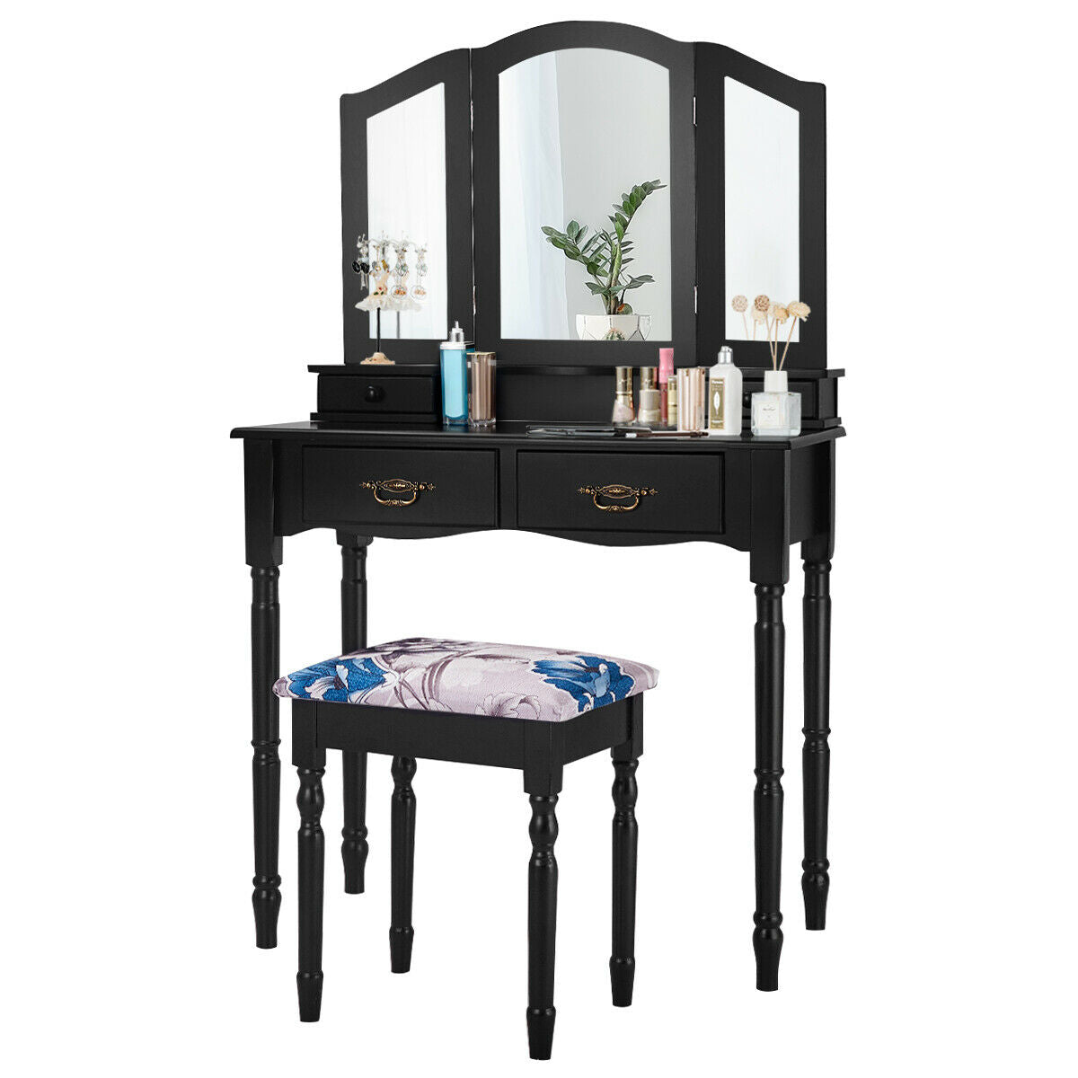 Classic Vanity Table Set with Tri-Fold Mirror, Cushioned Stool, and Storage Drawers – Black