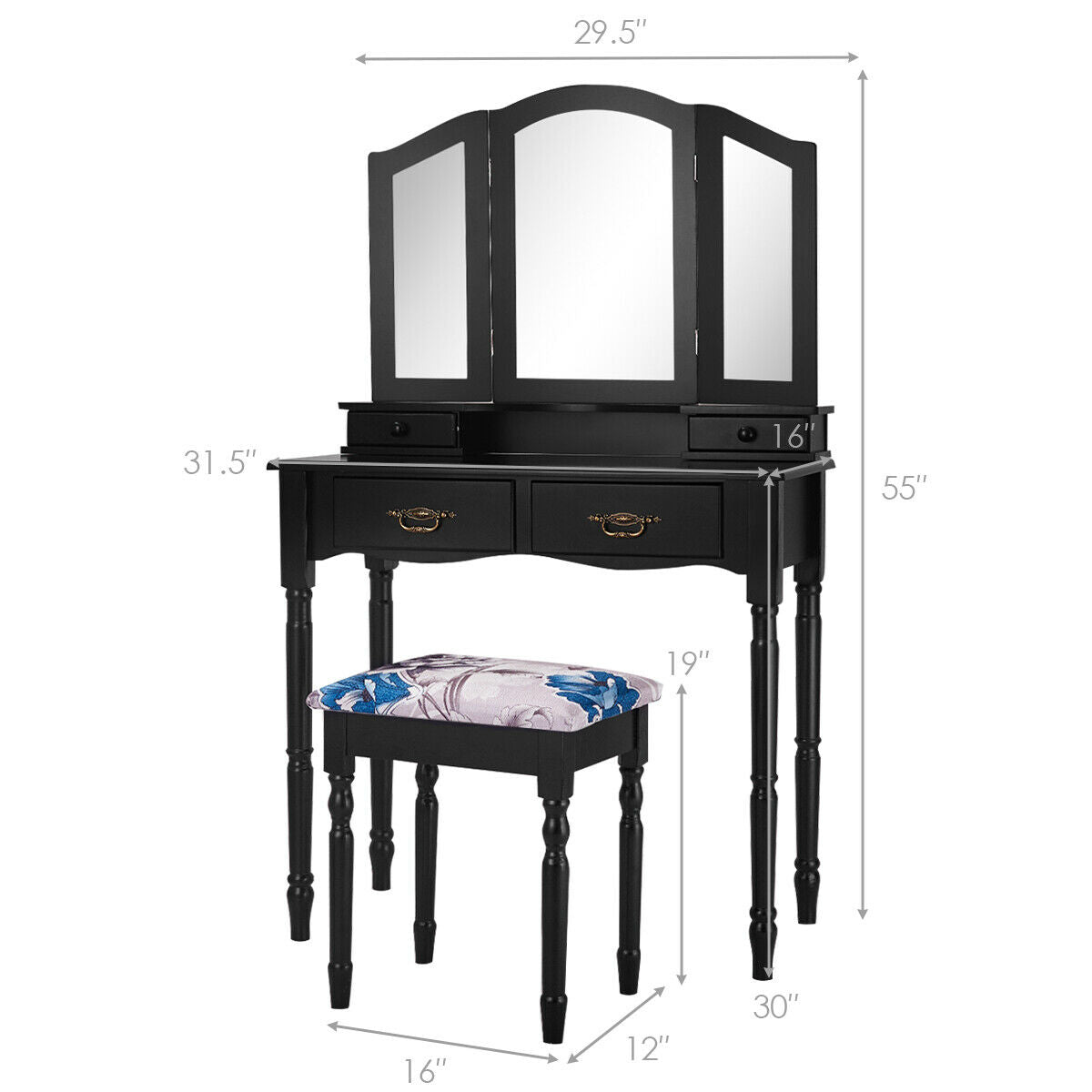 Classic Vanity Table Set with Tri-Fold Mirror, Cushioned Stool, and Storage Drawers – Black