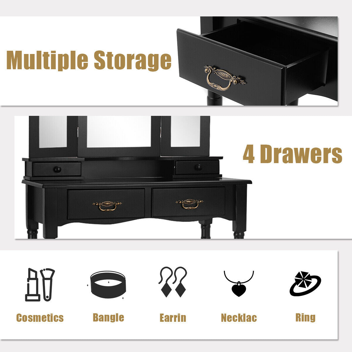 Classic Vanity Table Set with Tri-Fold Mirror, Cushioned Stool, and Storage Drawers – Black