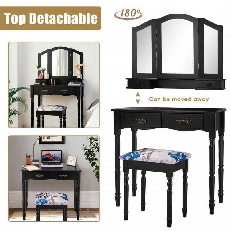 Classic Vanity Table Set with Tri-Fold Mirror, Cushioned Stool, and Storage Drawers – Black