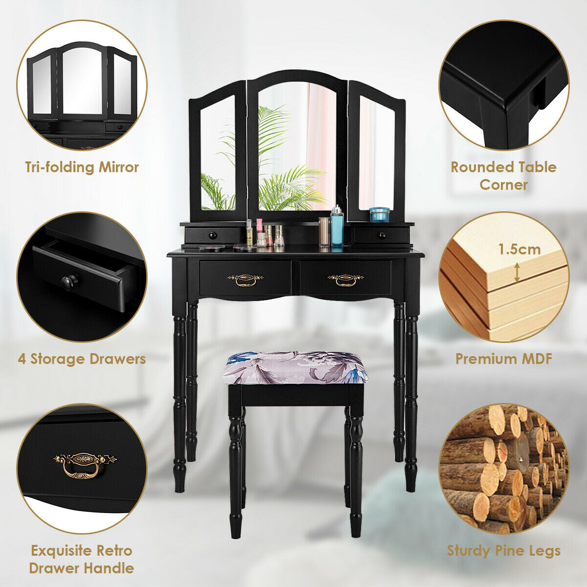 Classic Vanity Table Set with Tri-Fold Mirror, Cushioned Stool, and Storage Drawers – Black