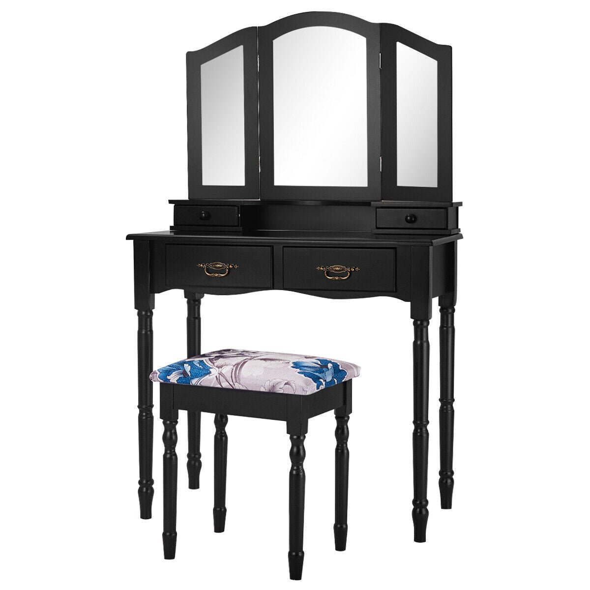 Classic Vanity Table Set with Tri-Fold Mirror, Cushioned Stool, and Storage Drawers – Black