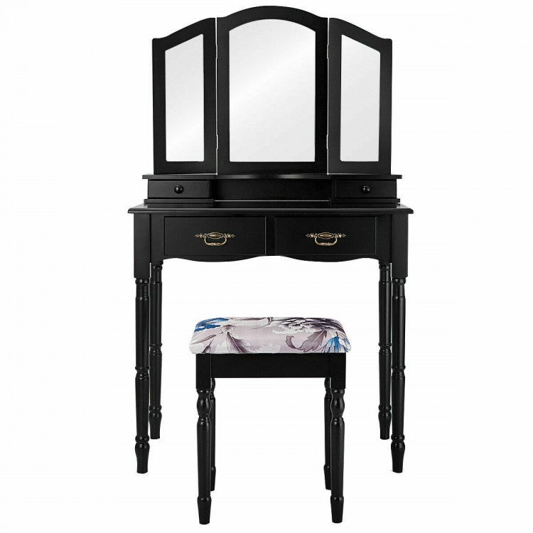 Classic Vanity Table Set with Tri-Fold Mirror, Cushioned Stool, and Storage Drawers – Black