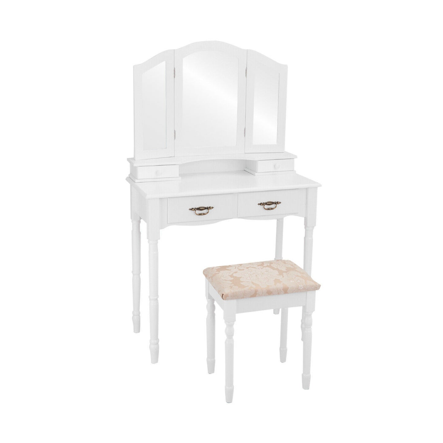 Classic Vanity Table Set with Tri-Fold Mirror, Cushioned Stool, and Storage Drawers – White