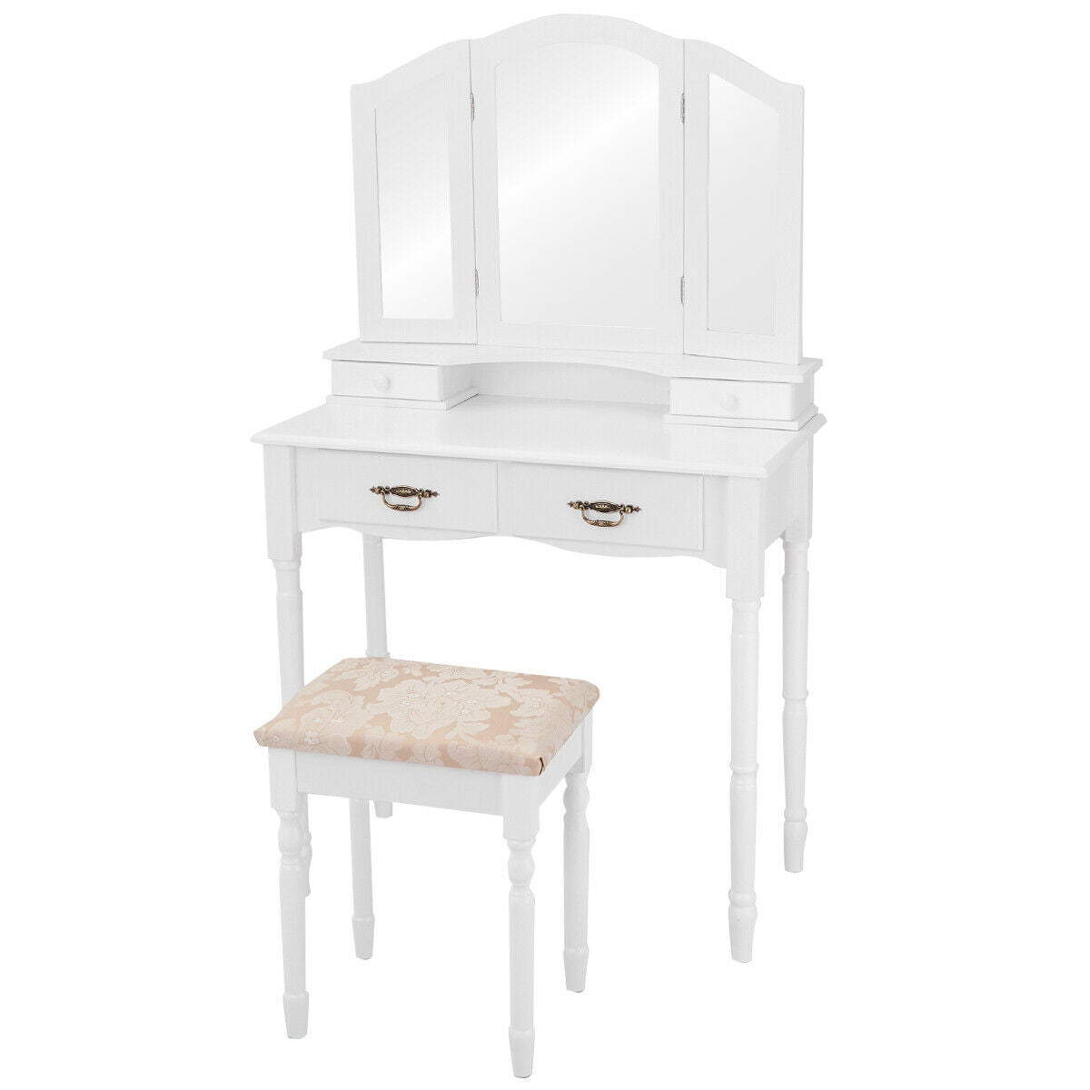 Classic Vanity Table Set with Tri-Fold Mirror, Cushioned Stool, and Storage Drawers – White