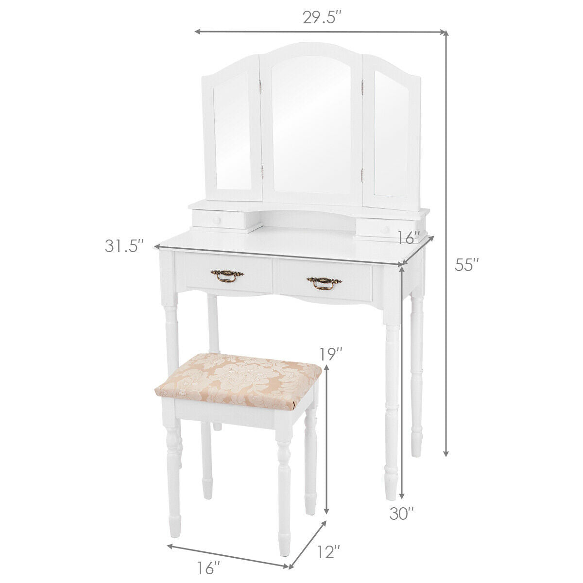 Classic Vanity Table Set with Tri-Fold Mirror, Cushioned Stool, and Storage Drawers – White