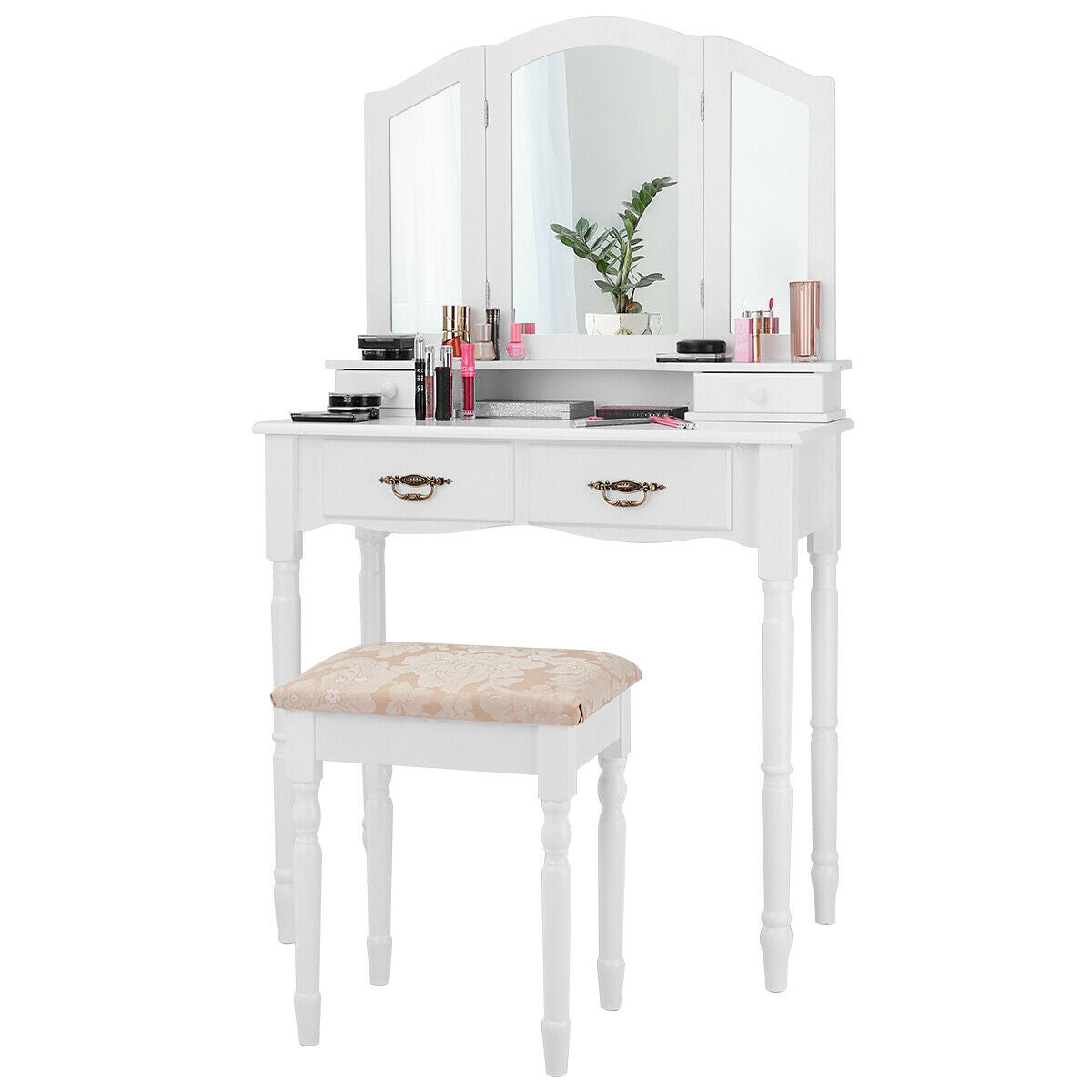Classic Vanity Table Set with Tri-Fold Mirror, Cushioned Stool, and Storage Drawers – White