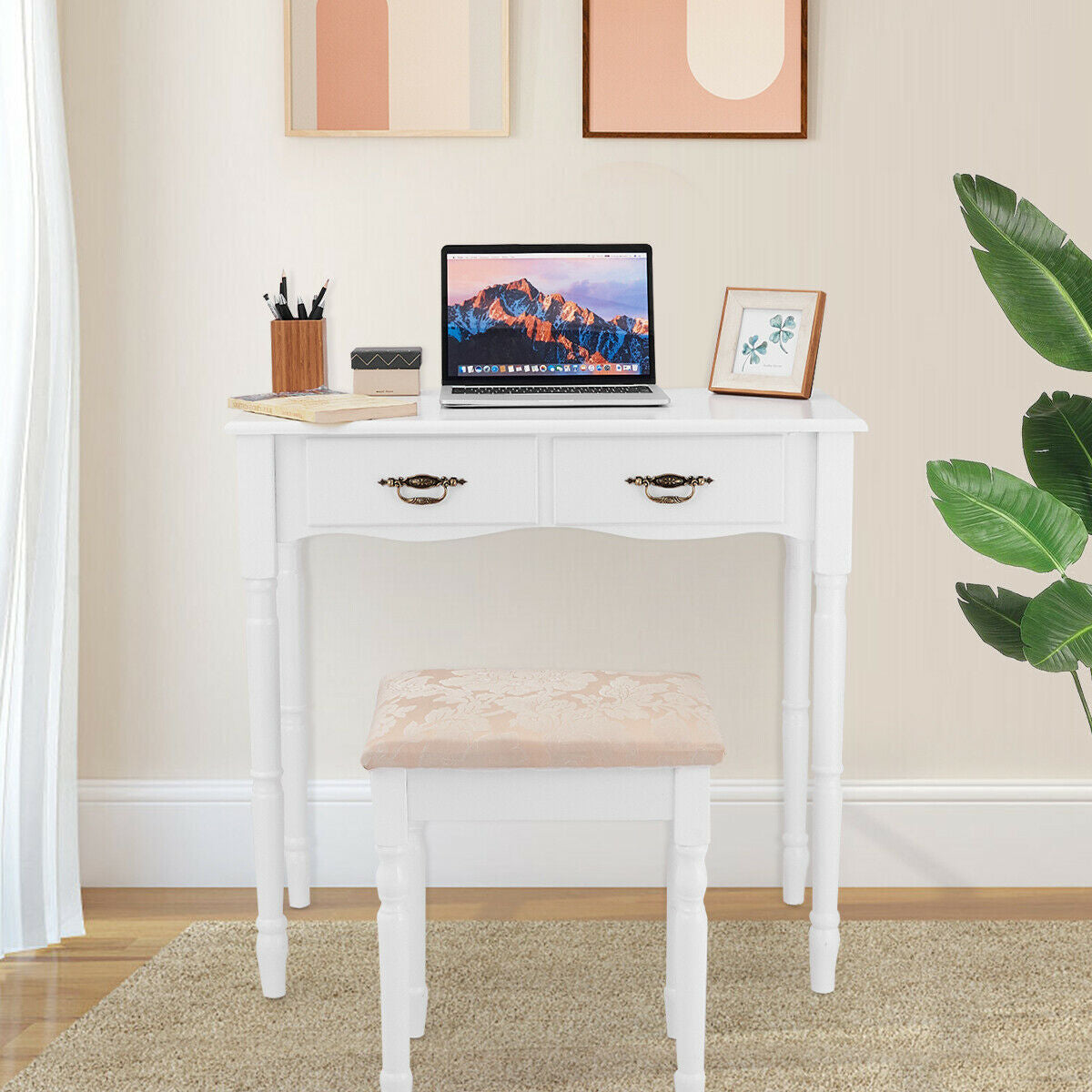 Classic Vanity Table Set with Tri-Fold Mirror, Cushioned Stool, and Storage Drawers – White