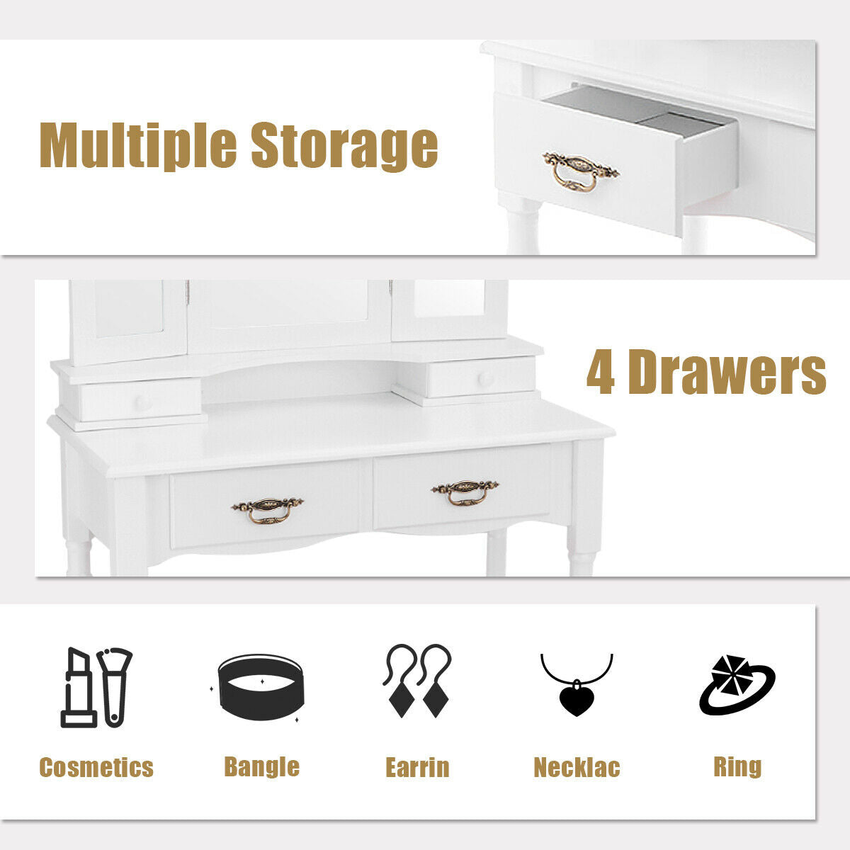 Classic Vanity Table Set with Tri-Fold Mirror, Cushioned Stool, and Storage Drawers – White