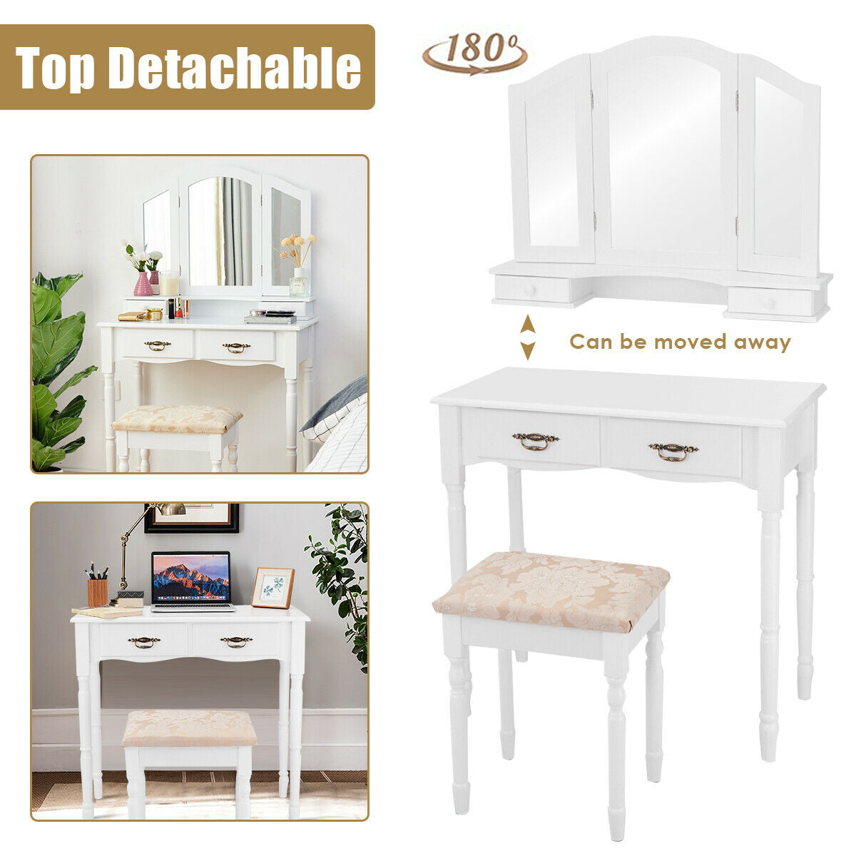 Classic Vanity Table Set with Tri-Fold Mirror, Cushioned Stool, and Storage Drawers – White
