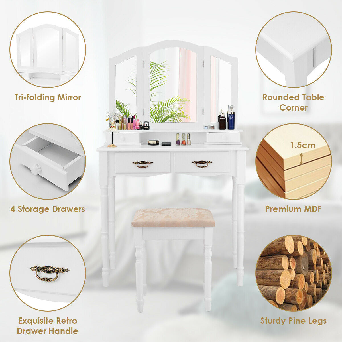Classic Vanity Table Set with Tri-Fold Mirror, Cushioned Stool, and Storage Drawers – White