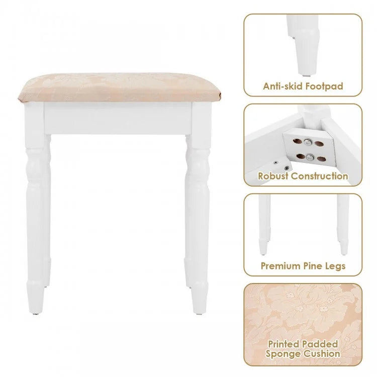 Classic Vanity Table Set with Tri-Fold Mirror, Cushioned Stool, and Storage Drawers – White