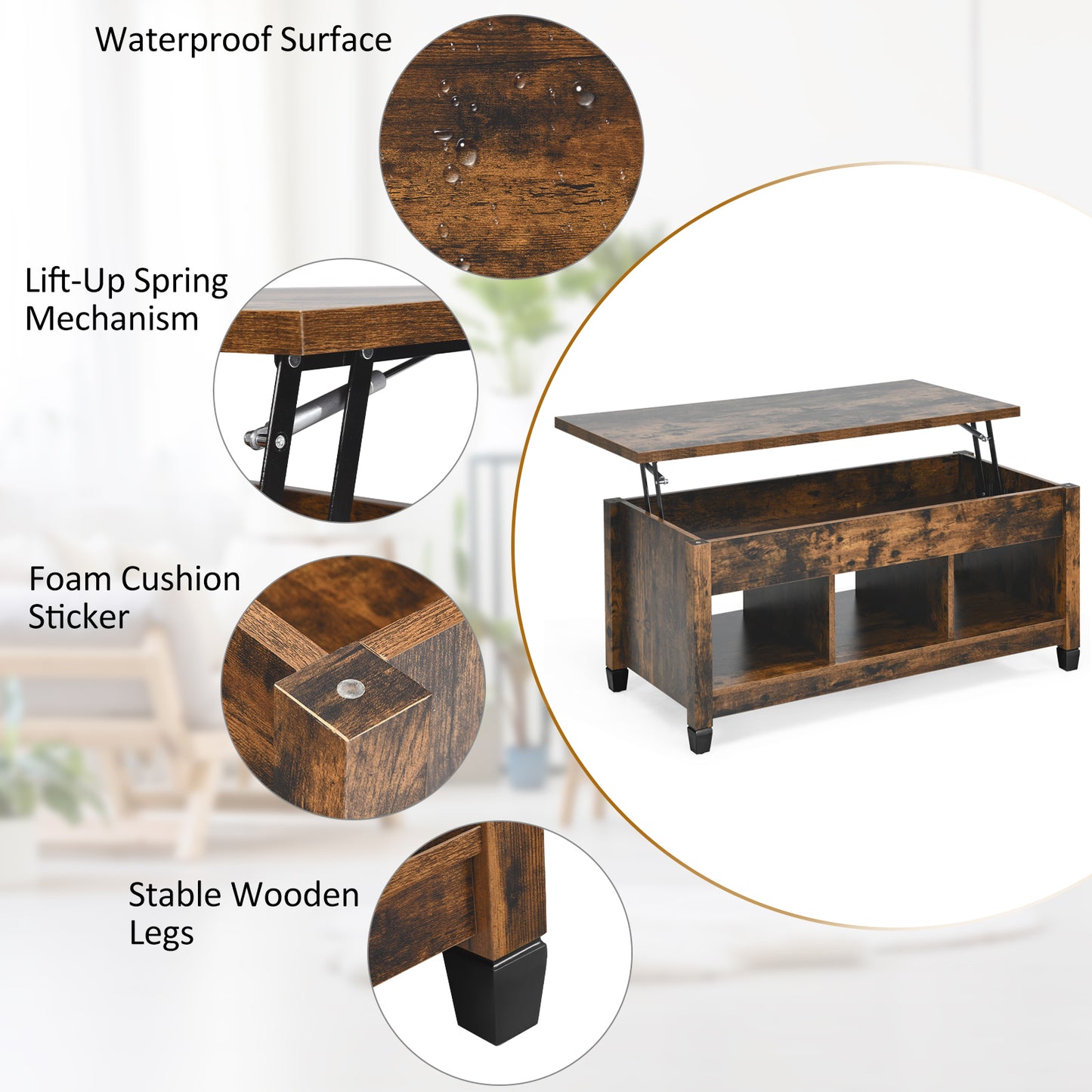 Adjustable Lift Top Coffee Table with Storage Shelves and Hidden Compartment - Brown