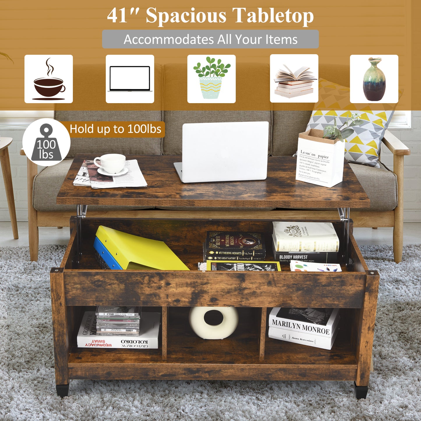Adjustable Lift Top Coffee Table with Storage Shelves and Hidden Compartment - Brown
