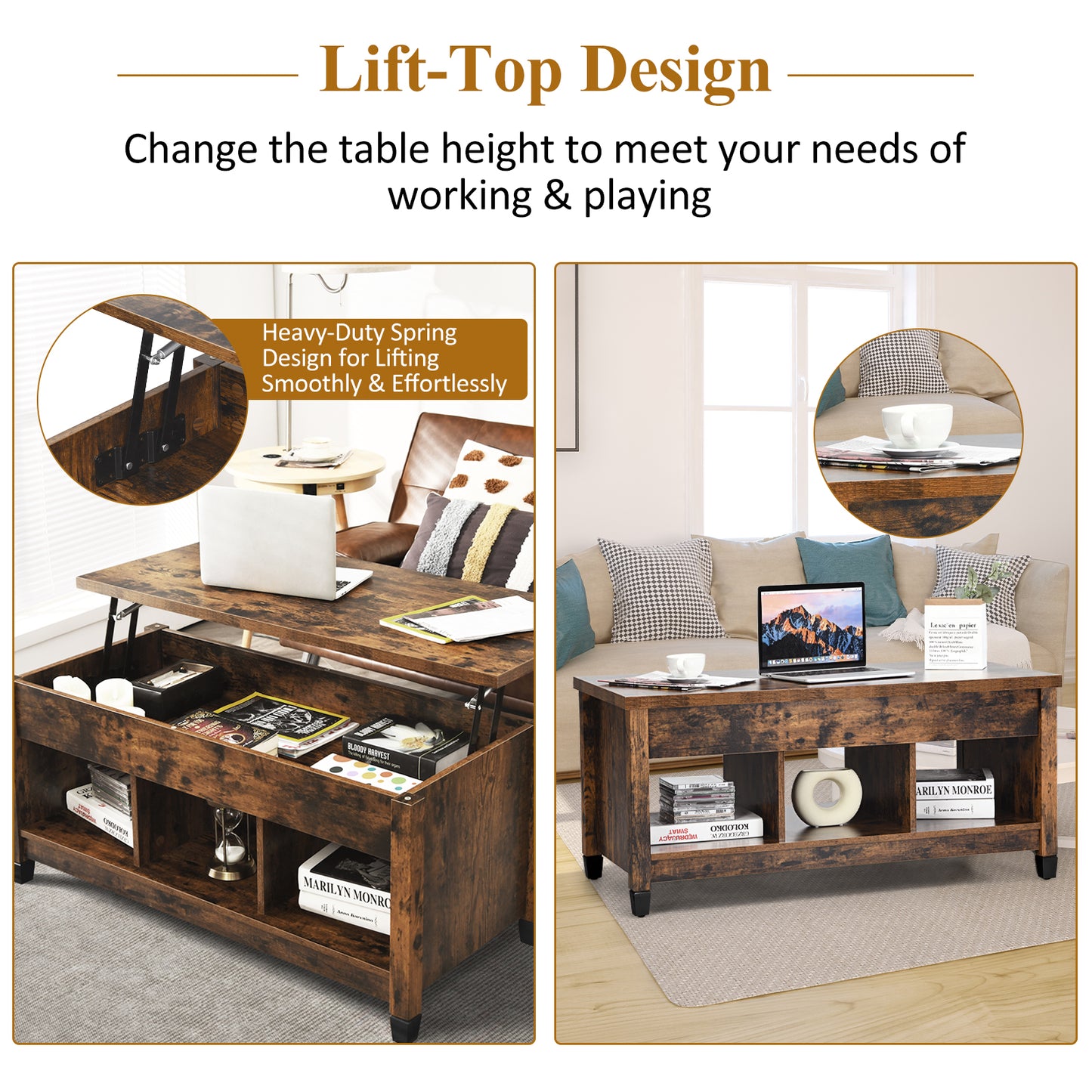 Adjustable Lift Top Coffee Table with Storage Shelves and Hidden Compartment - Brown