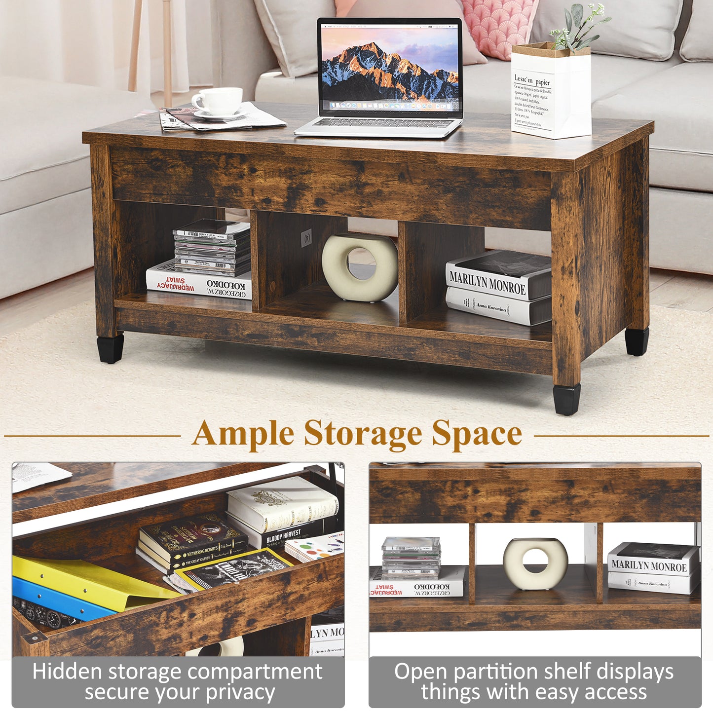 Adjustable Lift Top Coffee Table with Storage Shelves and Hidden Compartment - Brown