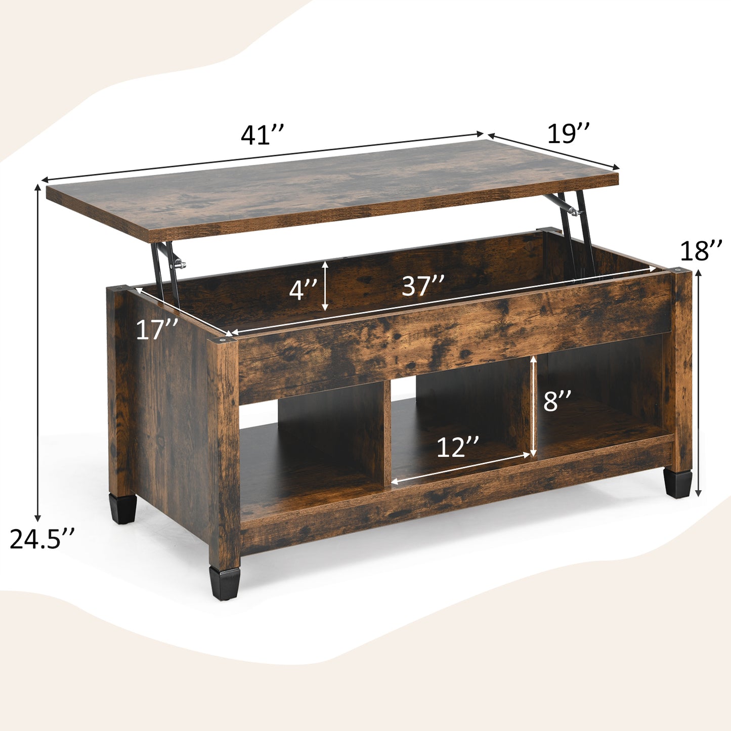 Adjustable Lift Top Coffee Table with Storage Shelves and Hidden Compartment - Brown