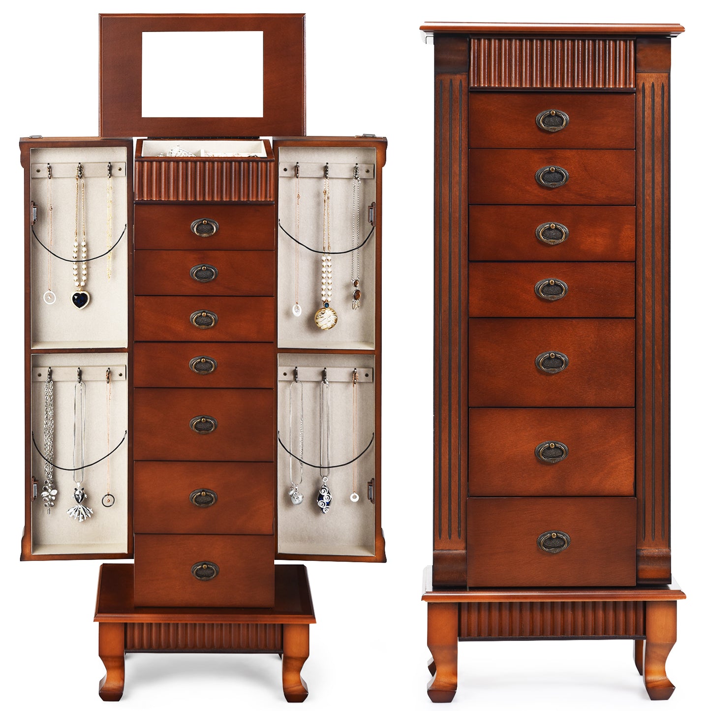 Classic Wood Jewelry Armoire with Flip-Top Mirror, Side Doors and 7 Storage Drawers