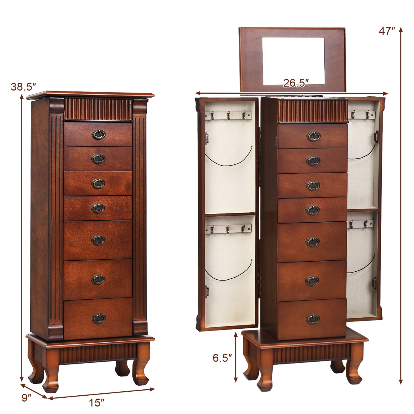 Classic Wood Jewelry Armoire with Flip-Top Mirror, Side Doors and 7 Storage Drawers