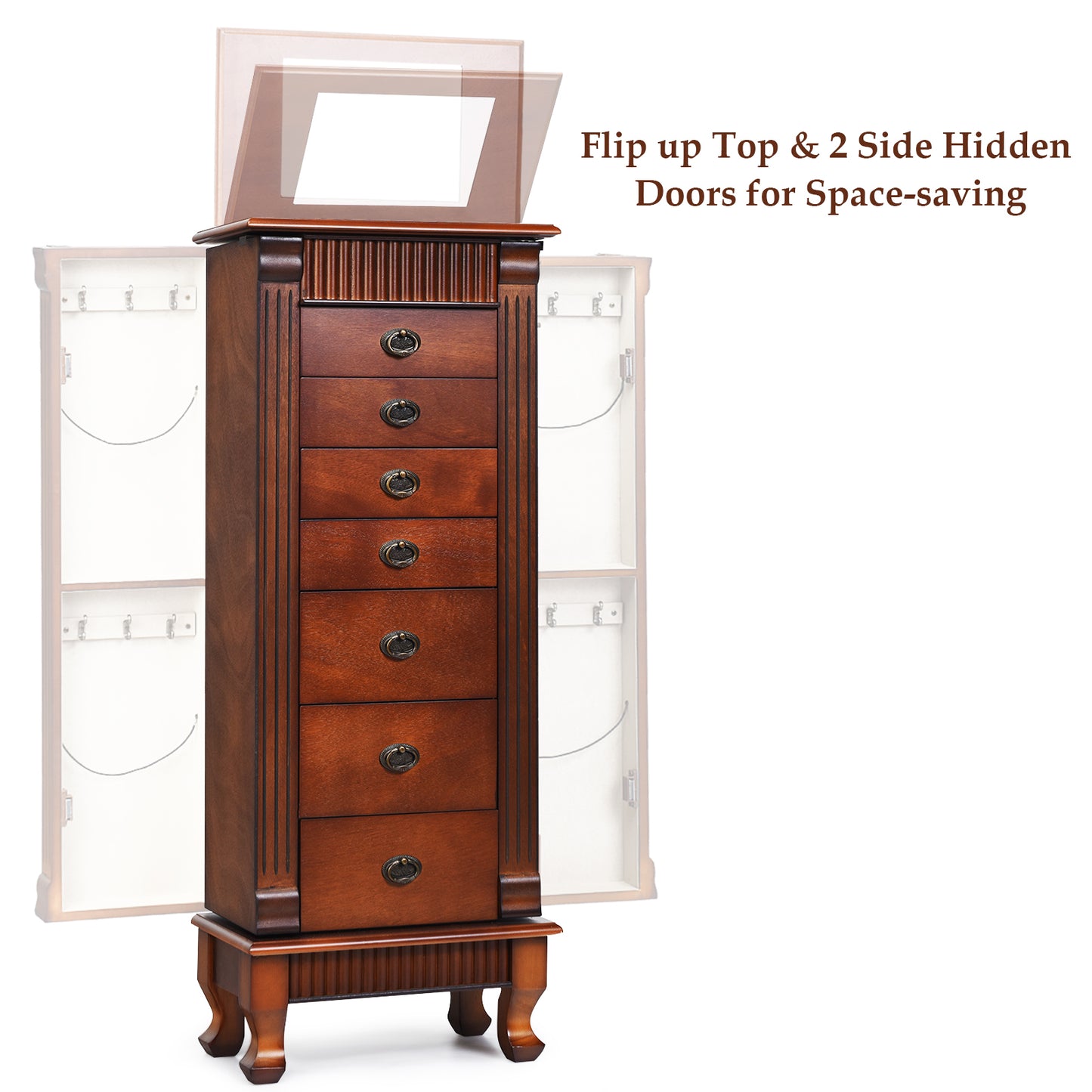 Classic Wood Jewelry Armoire with Flip-Top Mirror, Side Doors and 7 Storage Drawers