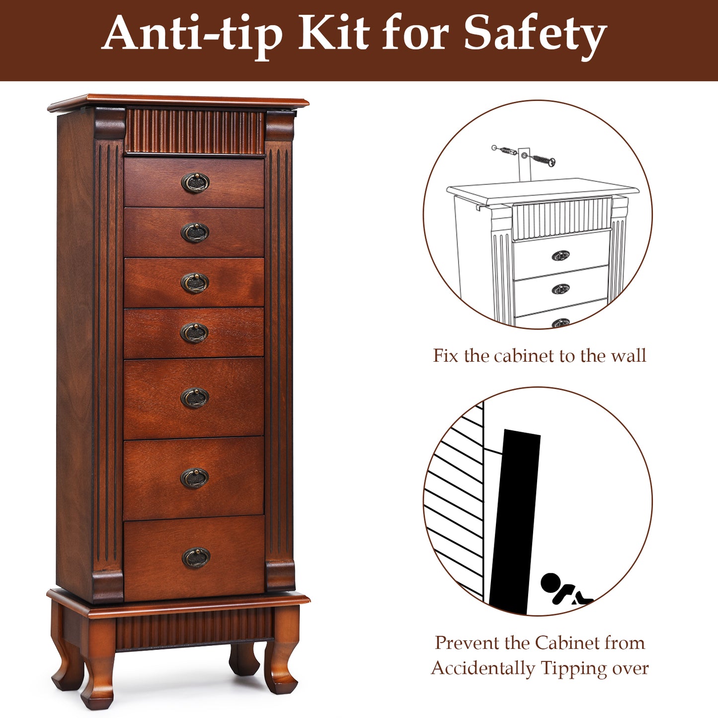 Classic Wood Jewelry Armoire with Flip-Top Mirror, Side Doors and 7 Storage Drawers
