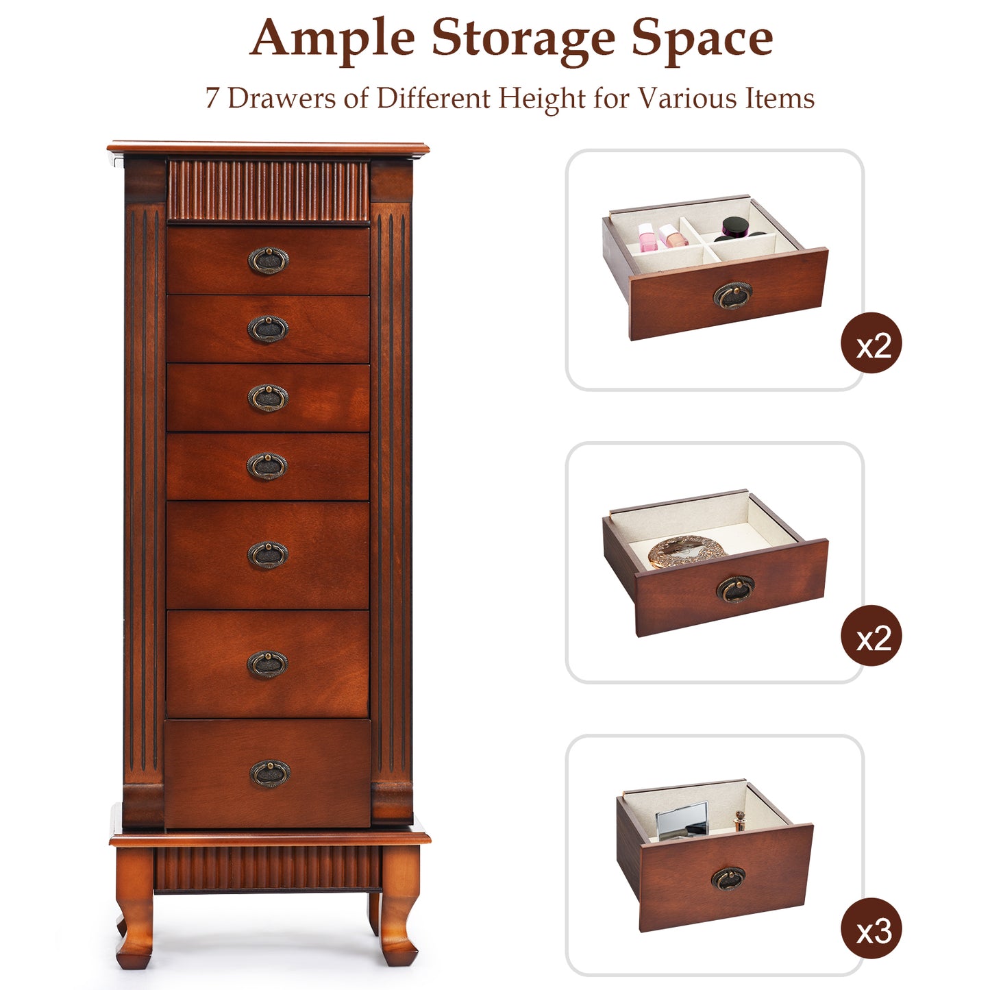 Classic Wood Jewelry Armoire with Flip-Top Mirror, Side Doors and 7 Storage Drawers