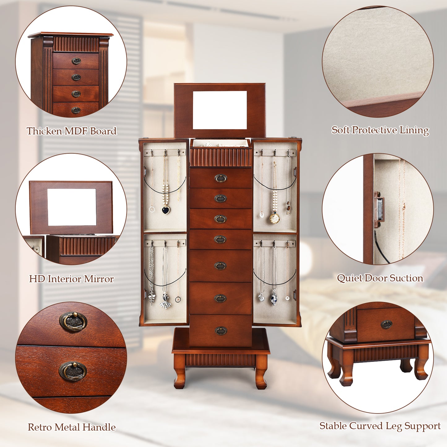 Classic Wood Jewelry Armoire with Flip-Top Mirror, Side Doors and 7 Storage Drawers