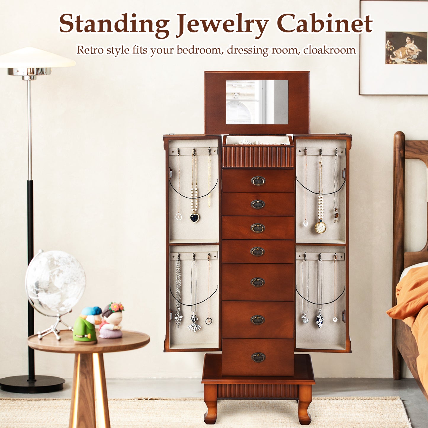 Classic Wood Jewelry Armoire with Flip-Top Mirror, Side Doors and 7 Storage Drawers