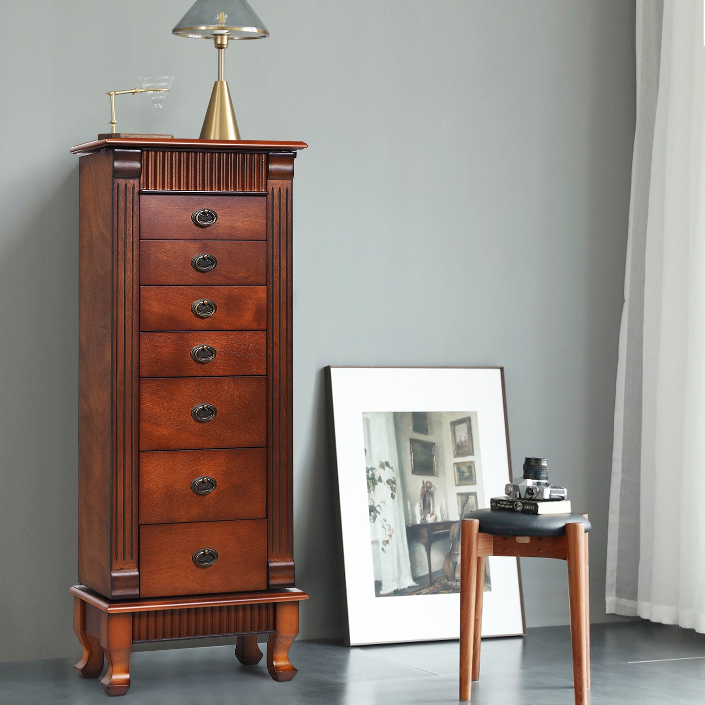 Classic Wood Jewelry Armoire with Flip-Top Mirror, Side Doors and 7 Storage Drawers