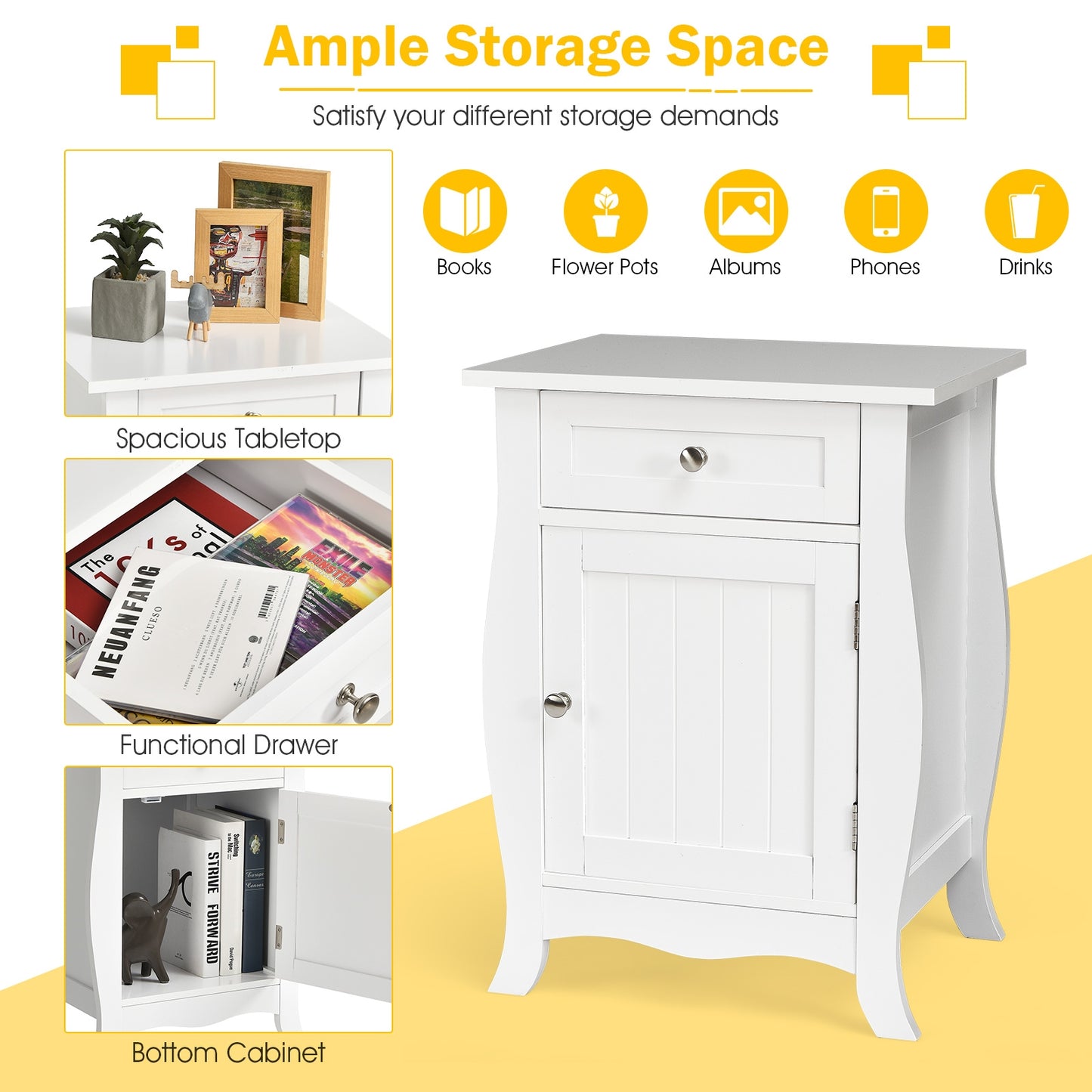 Wooden End Table with Drawer and Cabinet Storage Accent Nightstand