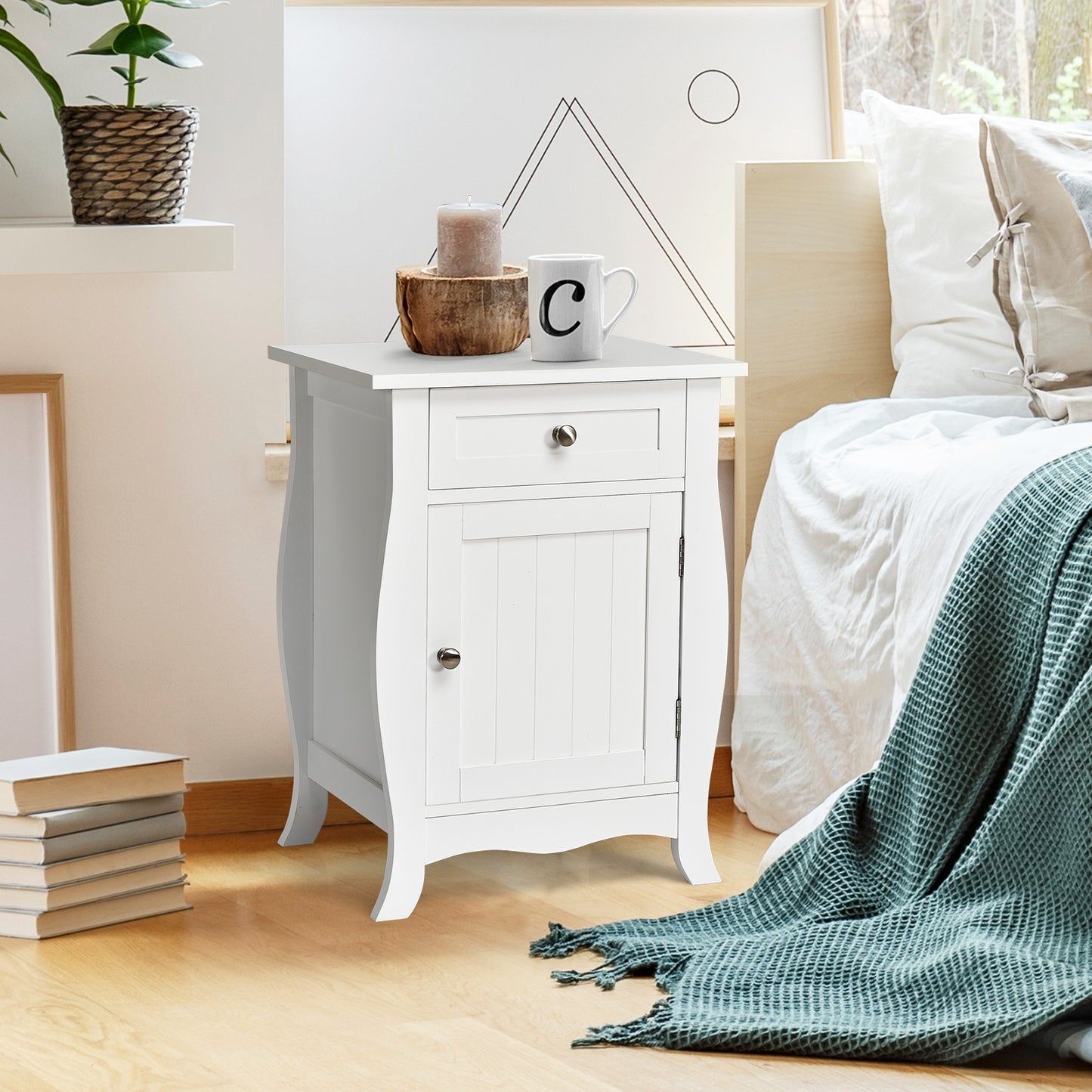 Wooden End Table with Drawer and Cabinet Storage Accent Nightstand