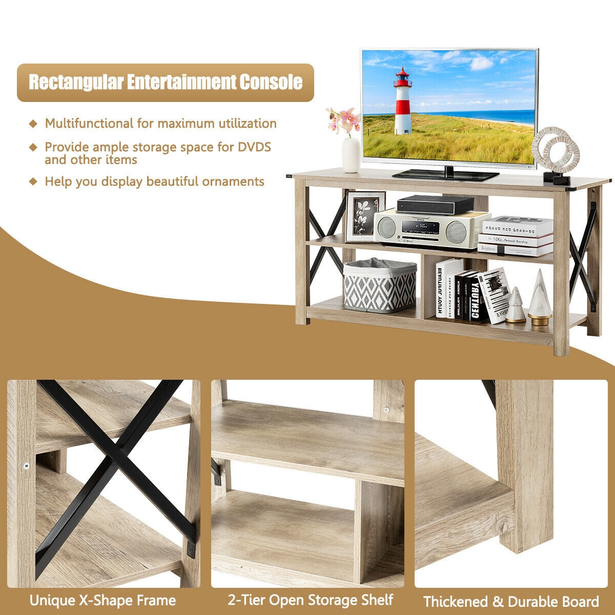 3 Tier Wooden TV Stand with Open Storage and Metal Frame for TVs up to 55 Inches - Grey