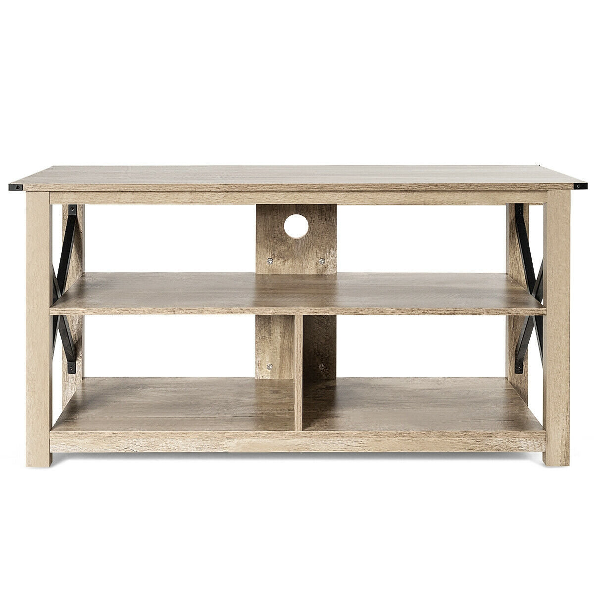 3 Tier Wooden TV Stand with Open Storage and Metal Frame for TVs up to 55 Inches - Grey