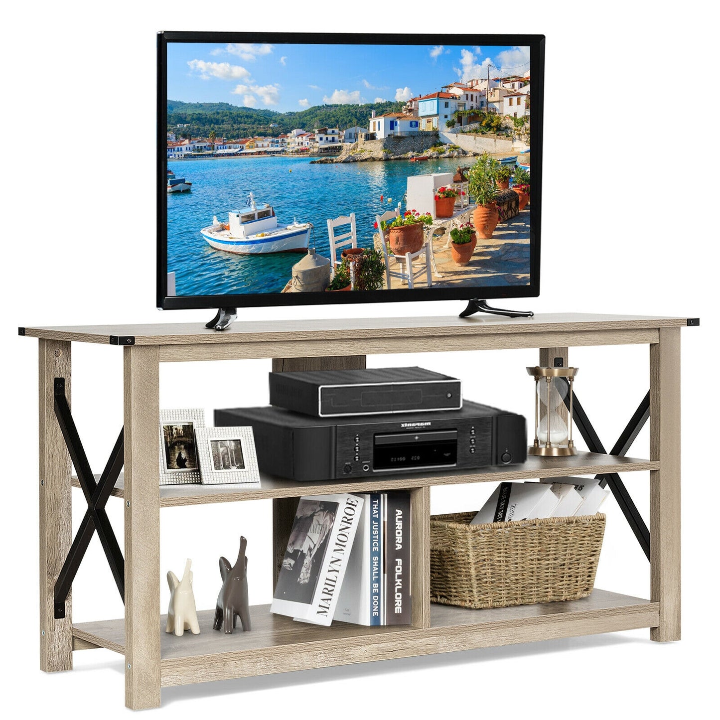 3 Tier Wooden TV Stand with Open Storage and Metal Frame for TVs up to 55 Inches - Grey