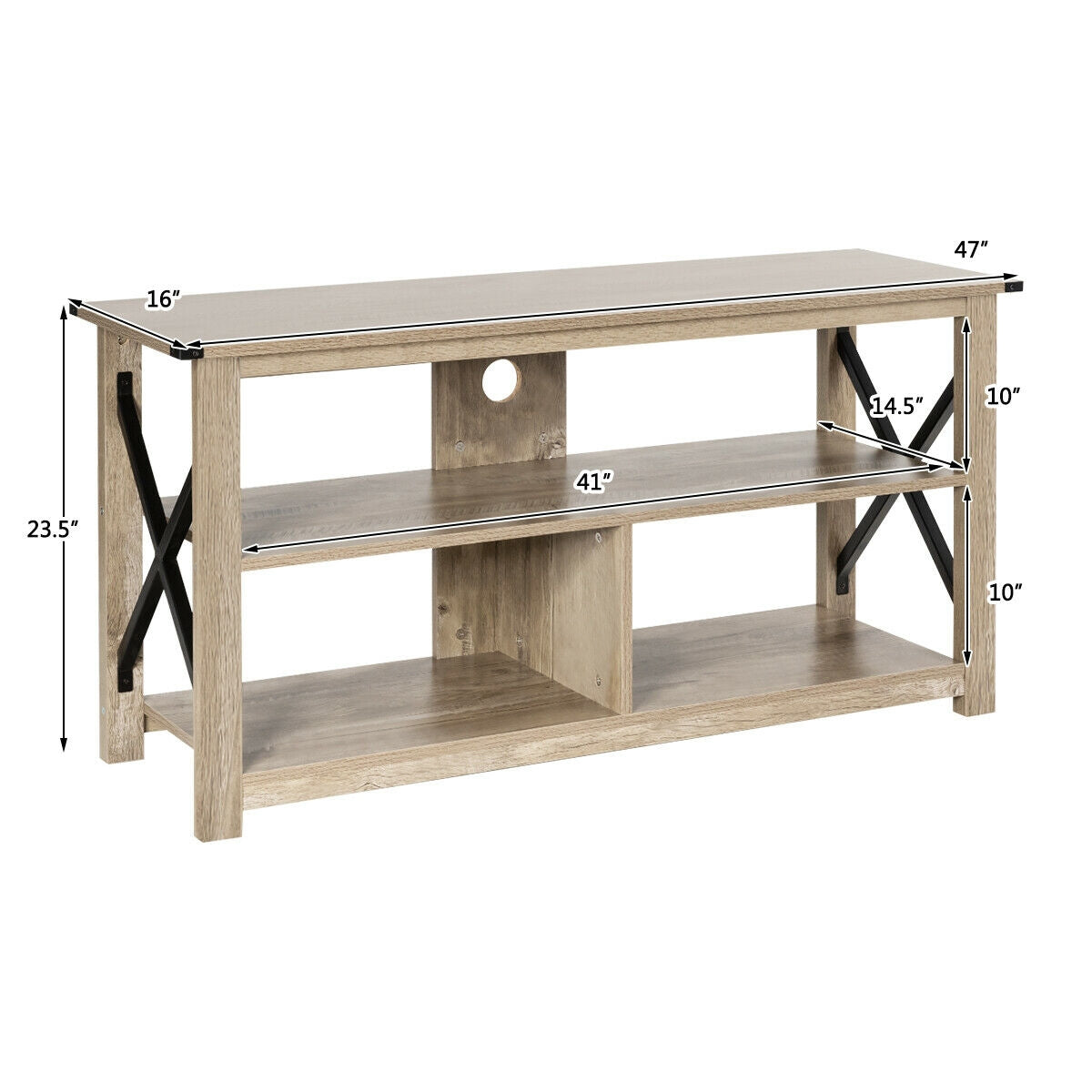 3 Tier Wooden TV Stand with Open Storage and Metal Frame for TVs up to 55 Inches - Grey