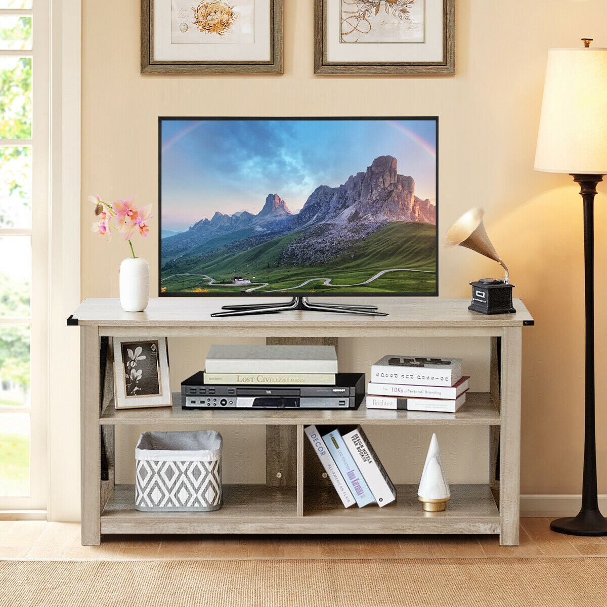 3 Tier Wooden TV Stand with Open Storage and Metal Frame for TVs up to 55 Inches - Grey